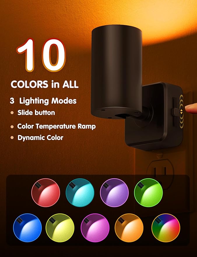 L LOHAS LED Night Lights Plug into Wall, [2-Pack] Decorative Night Lights with Dusk to Dawn Sensor,Brightness Adjustable,RGB Color Changing Nightlight for Bathroom,Hallway,Stairs