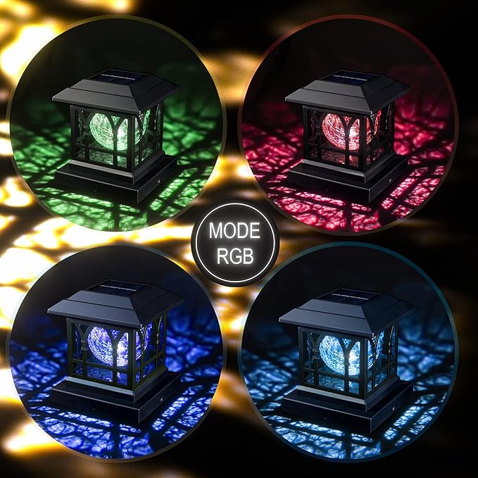 Solar Post Cap Lights, Warm White & RGB Automatic Cycling, Cracked Glass Bulb, 20 Lumens lP65 Waterproof Fit 3.6x3.6 4x4 4.5x4.5 5x5 Wood Fence Post Solar Powered Lights Black (1 Pack)
