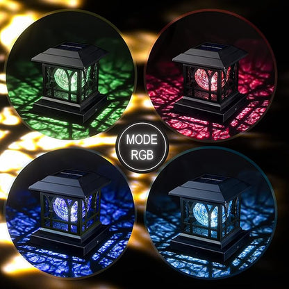 Solar Post Cap Lights, Warm White & RGB Automatic Cycling, Cracked Glass Bulb, 20 Lumens lP65 Waterproof Fit 3.6x3.6 4x4 4.5x4.5 5x5 Wood Fence Post Solar Powered Lights Black (1 Pack)