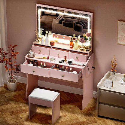 COMHOMA Makeup Vanity Desk with Mirror and Lights, Vanity Table and Chair Set with 5 Drawers and Charging Station, Bedroom Dresser LED Mirror Stepless Dimmable & 3 Color Modes Adjustable, Pink