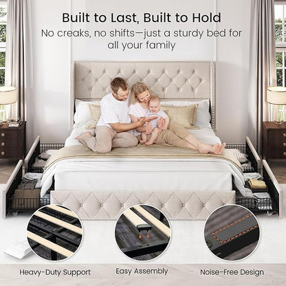 LARMACE King Size Bed Frame with 4 Storage Drawers and Tufted Headboard Linen Upholstered Platform Bed Frame Wingback Beds with Wooden Slats Support, Easy Assembly, Beige