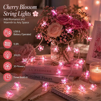 Pink Cherry Blossom Fairy Flower Lights, USB/Battery Operated Floral Lamp | Decorative Flower String Lights For Bedroom,Christmas, Easter, Wedding, Party, Birthday, Valentine'S Day Indoor Outdoor Decor