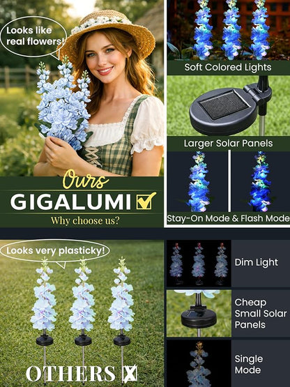 GIGALUMI Solar Lights Outdoor for Garden Decor, 3 Pack Solar Flower Lights Waterproof, 2 Lighting Modes Delphinium for Pathway,Yard, Patio, 4th of July Decoration, Gifts for Women (Blue)