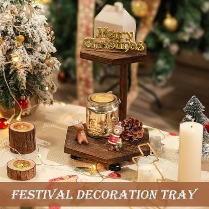 Tikea Hexagonal Wood Riser for Display, 2-Tier Rustic Wood Farmhouse Riser for Kitchen Bathroom Counter Decor, Decorative Tray for Soap Dispenser, Decorations and Plant (Brown)