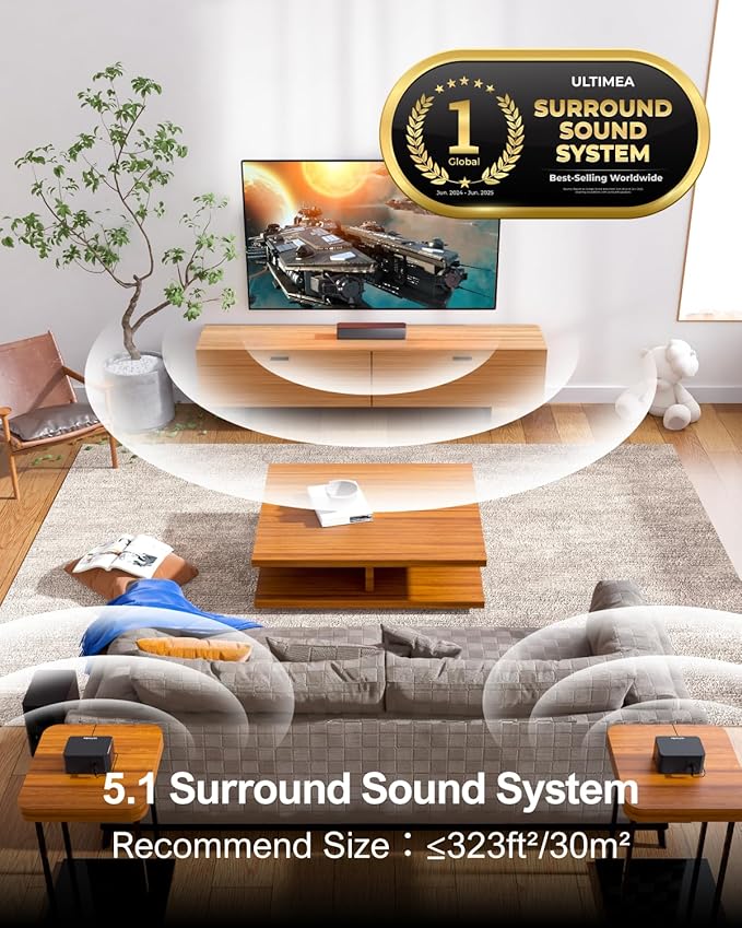 ULTIMEA 5.1 Sound Bar for Smart TV, Virtual Surround Sound System for TV, 320W Peak Power, Adjustable Surround Speakers and Subwoofer, APP Control, Home Theater Soundbar Poseidon D50(2025 New Model)
