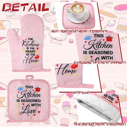 Fourluoo 10 Pcs Cuisine Pink Kitchen Decor and Accessories Set Pink Kitchen Towels Rugs Pot Holders Oven Mitts for Chef Cooking Baking Mom Housewarming Gifts