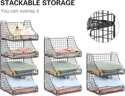 4-Pack Stackable Wire Baskets for Closet Organizers and Storage, Open Storage Bins for Clothes, Toys, and Snacks - Rustic Metal Closet Organizer and Shelves in Black