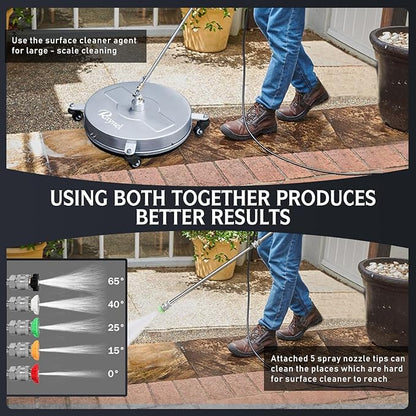 RAYNEL 18'' Pressure Washer Surface Cleaner with 4 Wheels, Stainless Steel Housing, 1/4" Quick Plug, 2 Extended Wands, 2 Replacement Nozzles and 5 Spray Nozzles