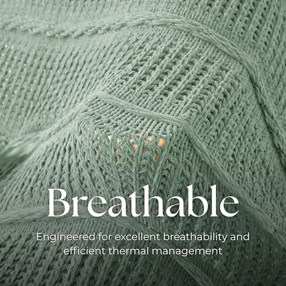 Boho Knitted Chenille Blanket with Tassels - Lightweight & Soft All-Season Throw - 3D Classic Pattern for Living Room Bedroom Couch, Sage Green, Twin 60"x80"