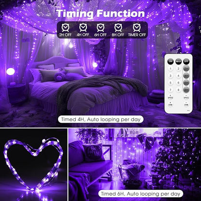 Fairy Lights 66ft 200 LED USB Twinkle String Lights Plug in Silver Wire Lights with Remote and Timer 8 Modes Outdoor Waterproof Starry Lights DIY Party Wedding Christmas Decoration（Purple）