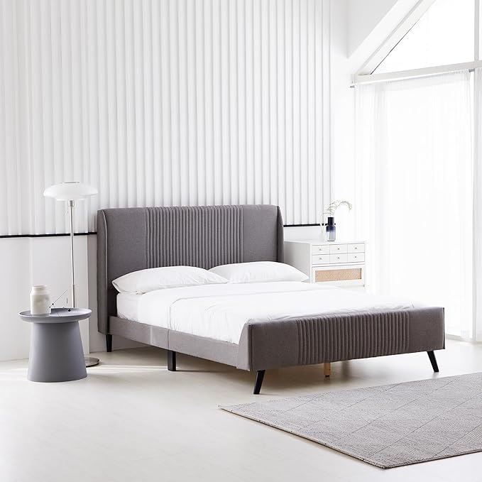 Livinia Sunset King Size Wingback Platform Bed, Fabric Upholstered King Bed Frame with Vertical Channel Tufted Headboard Footboard, Strong Wood Slats, No Box Spring Needed, Gray