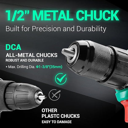 DCA 20V Brushless Hammer Drill Cordless, 492 in-lb Torque Impact Drill, 1/2" All-Metal Keyless Chuck,18+1+1, (0-450/0-1800RPM), 27000 IPM, Compact Design with 2.0Ah Battery & Charger,ADJZ2055i