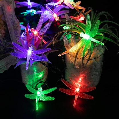 Dragonfly Solar String Lights Outdoor 25.6FT 30 LED Waterproof Solar Powered Fairy Lights, 8 Modes Decorative Lights for Patio Garden Yard Fence Wedding Christmas Party, Multicolor
