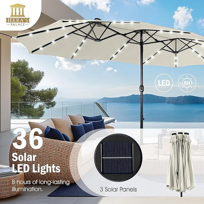 HERA'S PALACE 15ft Patio Umbrella with Base Included Double Sided Outdoor Umbrella for Patio Table Umbrella Outdoor 36 LED Solar Lights for Garden