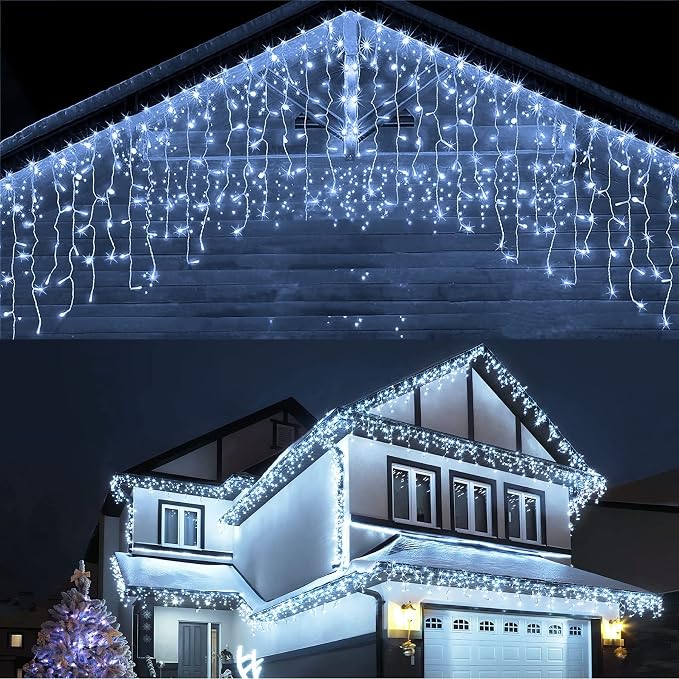 Techip Christmas Lights Outdoor, 33ft 400 LED Icicle Lights for Outside, Plug in Curtain String Lights with 8 Modes Waterproof for Patio Party Holiday Decorations Cool White