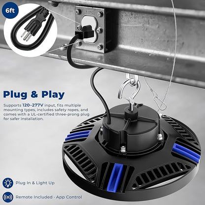CINOTON Smart UFO LED High Bay Light 150W 21000lm, 2700K-6500K 1-100% Brightness Stepless Dimm Aluminum Shop Lights, ETL Listed Lighting for Garage Factory, APP/Alexa/Remote Control, 120-277V, 1 Pack