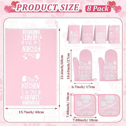 8 Pcs Pink Kitchen Decor Set 4 Pink Kitchen Dish Towels 2 Oven Mitt 2 Pot Holders for Kitchens Cooking Baking Spring Valentine's Day Decoration Farmhouse Housewarming Accessories Mom Gifts