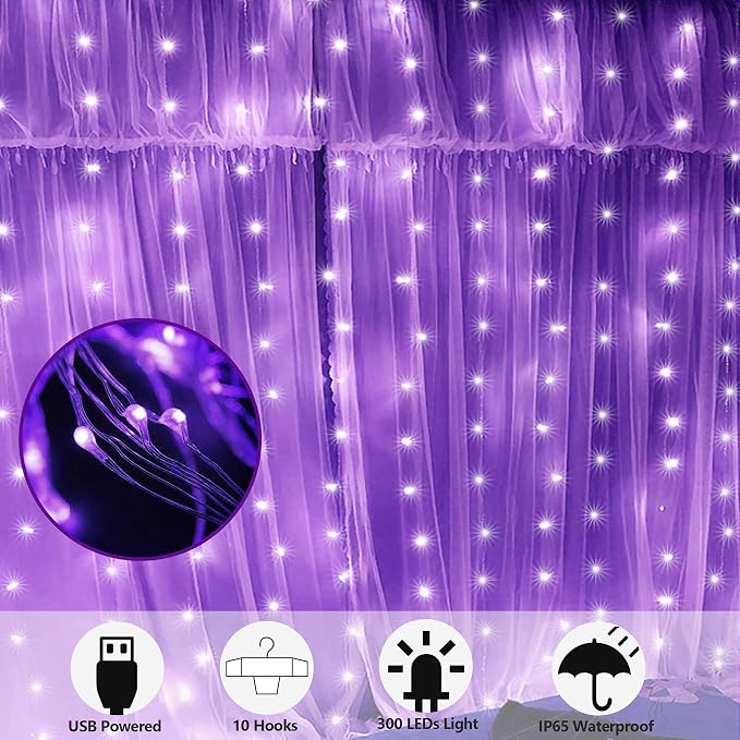 HOME LIGHTING Window Curtain String Lights, 300 LED 8 Lighting Modes Fairy Copper Light with Remote, USB Powered for Halloween Christmas Bedroom Party Wedding Home Garden Wall Decorations, Purple