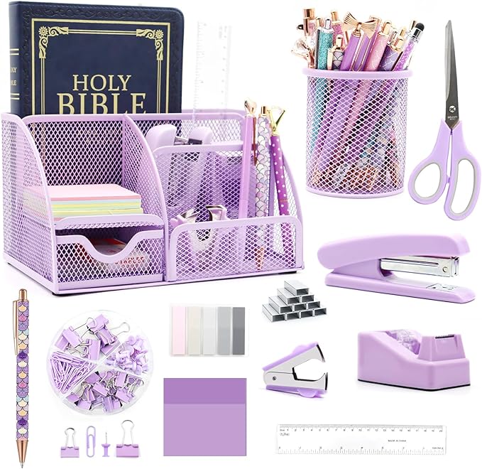 Purple Desk Organizers and Accessories,12pcs Office Desk Accessories Supplies,With Pen Holder, Tape Holder, Stapler, Scissors, Ruler, Staple Remover for Home & School, Office Supplies Gift for Women