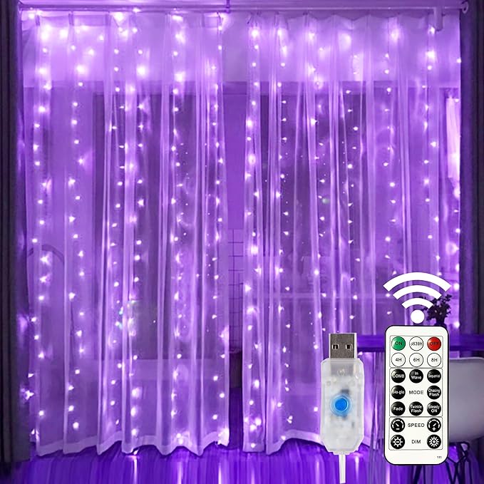 HOME LIGHTING Window Curtain String Lights, 300 LED 8 Lighting Modes Fairy Copper Light with Remote, USB Powered for Halloween Christmas Bedroom Party Wedding Home Garden Wall Decorations, Purple