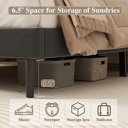 Full Size Bed Frame with Diamond Tufted Headboard, Linen Upholstered Platform Bed and Wooden Slat Support, Noise-Free, No Box Spring Needed, Easy Assembly, Dark Grey