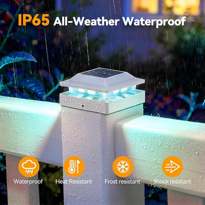 12 Pack Solar Post Cap Lights RGB Color Changing, IP65 Waterproof for 4x4 Wood/Vinyl Posts, Auto On/Off Fence Posts Solars Light for Deck Patio Garden Decoration, White