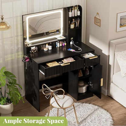 Cyclysio Fluted Vanity Desk with Mirror and Lights, Wood Makeup Vanity Desk with Power Strips, Modern Dressing Table with Drawers & Cabinet for Bedroom, Black