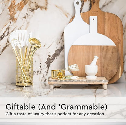 White and Gold Kitchen Utensils Set - 23-Piece Gold Kitchen Accessories Include Measuring Cups and Spoons Set, Silicone Utensils, and Utensil Holder for Baking, Cooking, and Stylish Kitchen Decor