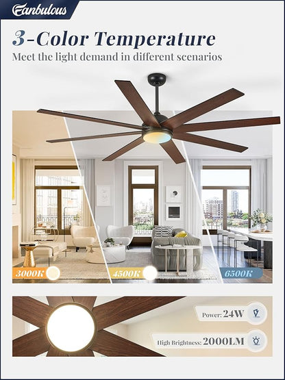 Fanbulous 65 Inch Ceiling Fans with Lights and Remote, Black and Wood Grain Indoor/Outdoor Ceiling Fan with Quiet Reversible DC Motor, 3CCT, 6 Speeds, Large Ceiling Fan for Living Room Bedroom
