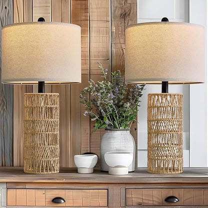 OYEARS 22.5" Boho Table Lamps Set of 2 for Living Room, Bedside Lamp for Nightstands, Rattan Lamp for Bedroom, Farmhouse Table Lamp for Room Decor, End Table, Retro, Brown（Not Include Bulbs）