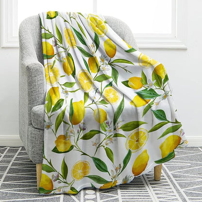 Jekeno Lemon Floral Blanket Yellow Fruits Green Leaves Print Gifts for Women Kids Girls Home Bedroom Living Room Decor Soft Cozy Lightweight Throw Blankets White 50"x60"