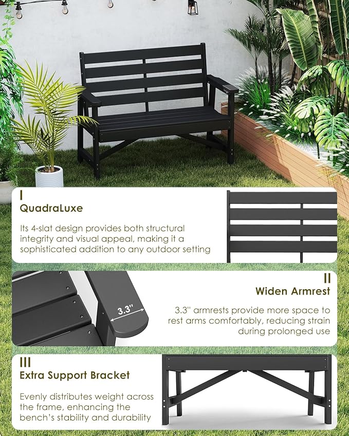 GREENVINES Outdoor Bench | 51.5’’ | HDPE | Garden Benches | Weatherproof | for Outdoors Patio Park Porch Outside Backyard | 2-Person | Black