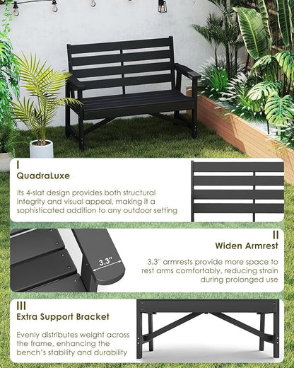 GREENVINES Outdoor Bench | 51.5’’ | HDPE | Garden Benches | Weatherproof | for Outdoors Patio Park Porch Outside Backyard | 2-Person | Black