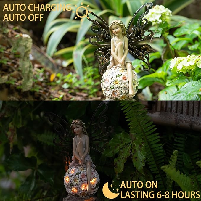 Flower Fairy Garden Decor,Garden Fairy Statues Outdoor,Solar Powered Outdoor Fairy Figurine Accessories,Patio Lawn Yard Porch, Resin Ornaments for Outside Gifts,9.45 Inches Tall