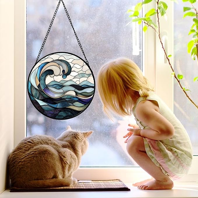 Stained Glass Window Hanging, Ocean Waves Sun Catchers Diamond Glass Panel Hangings Abstract Suncatcher Decor for Birthday for Women, Men, Wife, Aunt, and Mom 11.8x11.8 in