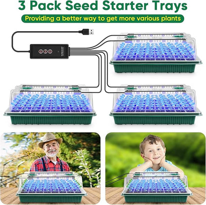 BlumWay Seed Starter Tray with Grow Light,3 Pack 120 Cells Seedling Tray with Humidity Dome/Indoor Grow Kit for Deep-Rooted Seedlings,Adjustable/Timed Light Plant Starter Set