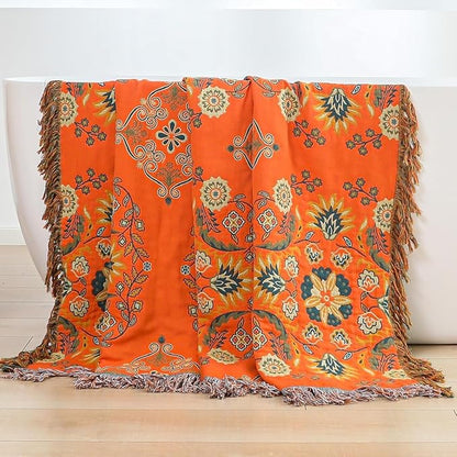 King Throw Blanket for Bed Couch,100% Organic Cotton Reversible Soft Quilt, Orange Floral Breathable Lightweight Blankets,90"×108" Extra Large Sofa Throws for 3 4 Seater with Tassels,Teal