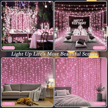 200 LED Pink Curtain String Lights 9.8x6.6FT, Plug in Fairy Lights, 9 Hooks, Dimmable Timer 8 Modes, IP44 Waterproof, Princess Girls Bedroom Wall Wedding Party Birthday Indoor Decor