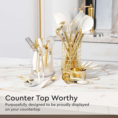 White and Gold Kitchen Utensils Set - 23-Piece Gold Kitchen Accessories Include Measuring Cups and Spoons Set, Silicone Utensils, and Utensil Holder for Baking, Cooking, and Stylish Kitchen Decor