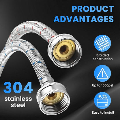6FT Washer Stainless Steel Hoses with 90 Degree Elbows - Burst Proof 3/4" FHT Standard Thread Hot and Cold Water Connection Inlet Supply Lines by AMI PARTS