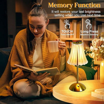 Cordless Table Lamp Rechargeable,LED 3 Colors Light Touch Dimmable Gold Small Lamp Decorative 12" for Nightstand,Bedside,Kitchen,Living Room 2600mAh High Capacity Battery Powered (Acrylic Flower)