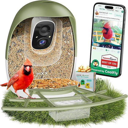 HIXX Smart Bird Feeder with Camera, AI Identify Birds & Auto Capture, 2K HD Live Camera Birdwatching with Color Night Vision for Bird Lovers Gifts (Forest Green)