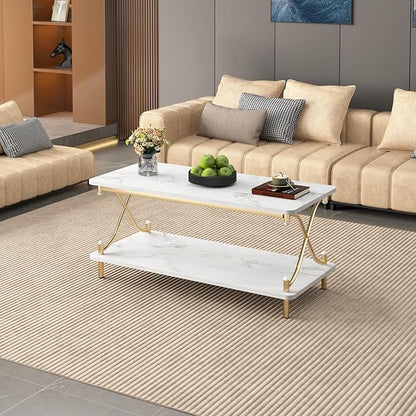 VECELO White and Gold Coffee Table with Storage and Open Shelves for Living Dining Room 39-Inch, Modern Rectangle & Industrial Design, X-Shape Frame, Easy Assemble