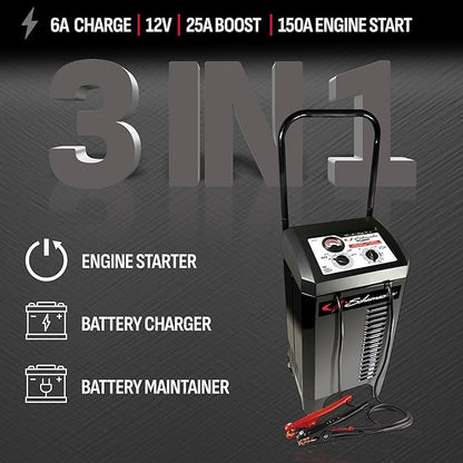 Schumacher Electric Wheeled Manual 6A Car Battery Charger and 150A Engine Starter, 2-in-1 Solution, 25A Boost, for 12V Power Sport, Automotive, and Marine Batteries, SC1437