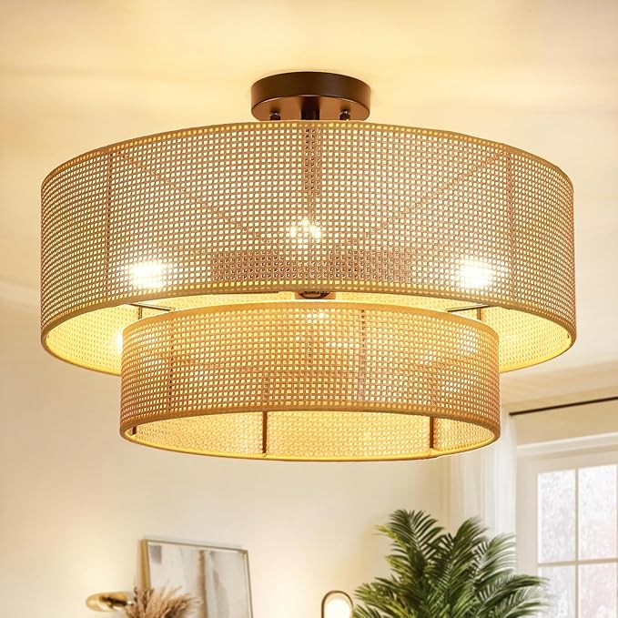Hamilyeah 20 inch Boho Flush Mount Ceiling Light Fixture Double Layer, Drum Light Fixture Ceiling Mount with Wicker Shade, Bamboo Woven Rattan Lights Ceiling for Living Room, Bedroom, Dinning Room