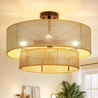 Hamilyeah 20 inch Boho Flush Mount Ceiling Light Fixture Double Layer, Drum Light Fixture Ceiling Mount with Wicker Shade, Bamboo Woven Rattan Lights Ceiling for Living Room, Bedroom, Dinning Room