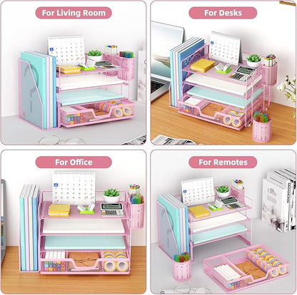 Marbrasse Desk Organizer and Accessories，4-Tier Paper Letter Tray Organizer with File Holder, Workspace Desk Organizers Accessories with Drawer and 2 Pen Holder (Pink, 15.4" x 9.1" x 8.3")