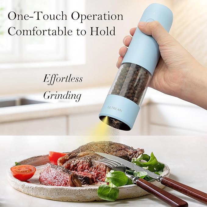 Ultrean Electric Pepper Grinder, Rechargeable Salt and Pepper Grinder with 6 Adjustable Coarseness, LED Light, One-Hand Automatic Operation, Sky Blue