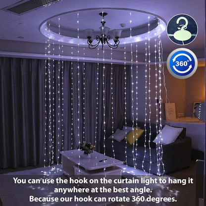 HXWEIYE 300LED Fairy Curtain Lights, 9.8x9.8Ft USB Plug-in 8 Modes Christmas String Hanging Lights with Remote for Bedroom Backdrop Wedding Indoor Wall Decor, White, Tangle-Free – 1 Pack