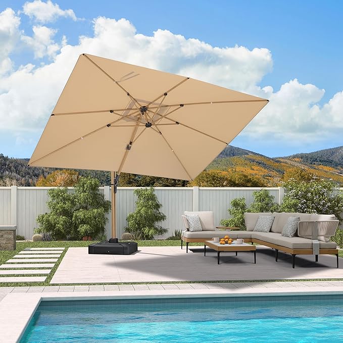 PURPLE LEAF 9' x 12' Rectangle Patio Cantilever Umbrella Large Hanging Umbrella Teak Finished Aluminum Frame Windproof Offset Outdoor Sun Umbrellas for Beach Pool Deck, Beige